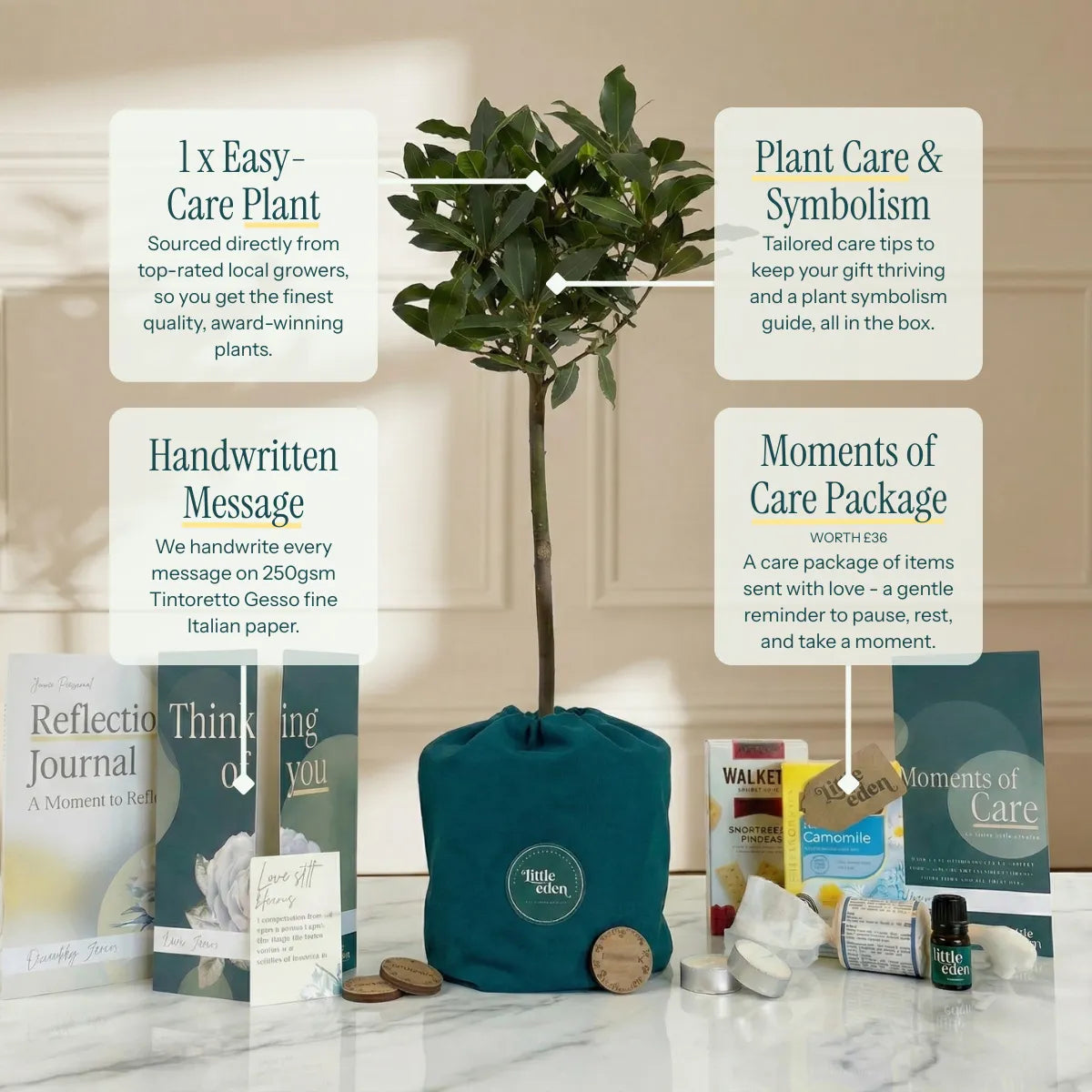 Gift set including memorial self-care items displayed on a table, featuring a candle, journal, plant, and comfort treats.